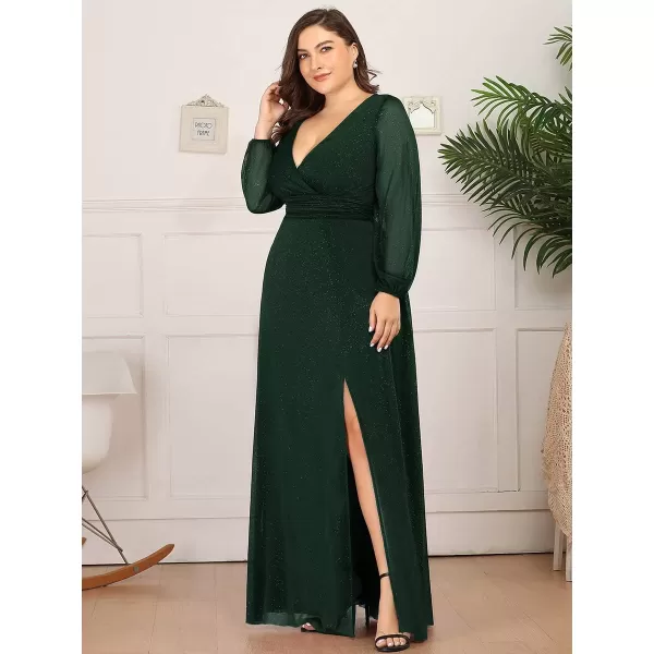 EverPretty Womens Glitter A Line High Slit VNeck Plus Size Formal Gowns and Evening Dresses 0739PZDark Greenb