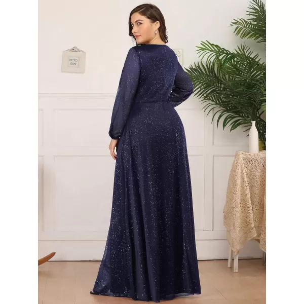 EverPretty Womens Glitter A Line High Slit VNeck Plus Size Formal Gowns and Evening Dresses 0739PZNavy Blue