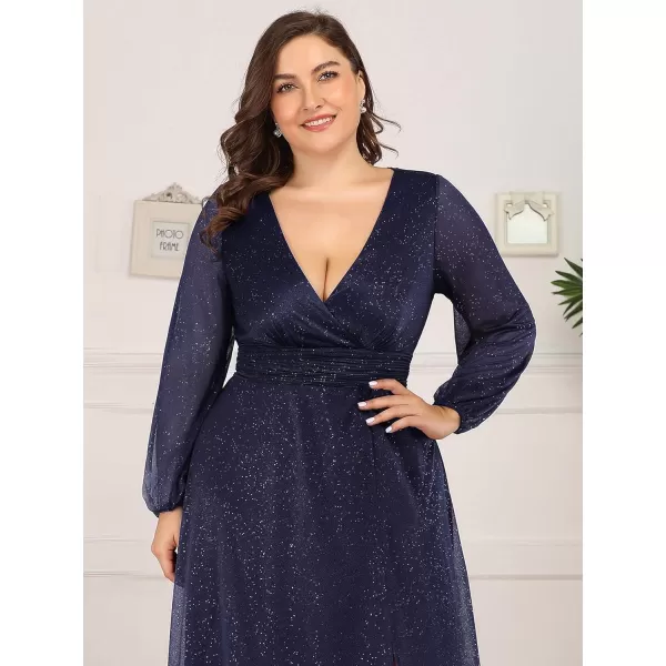 EverPretty Womens Glitter A Line High Slit VNeck Plus Size Formal Gowns and Evening Dresses 0739PZNavy Blue