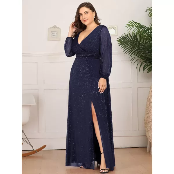 EverPretty Womens Glitter A Line High Slit VNeck Plus Size Formal Gowns and Evening Dresses 0739PZNavy Blue