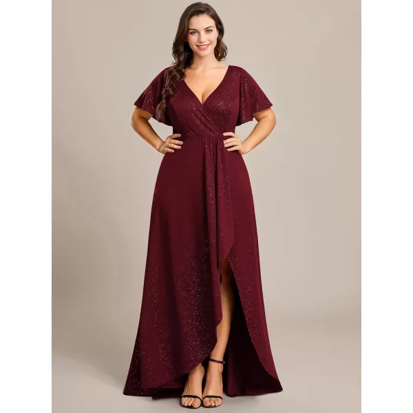 EverPretty Womens Glitter Aline High Low Ruffles Plus Size Formal Dresses with Sleeves 1738DAPHBurgundy