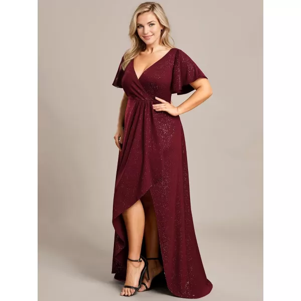 EverPretty Womens Glitter Aline High Low Ruffles Plus Size Formal Dresses with Sleeves 1738DAPHBurgundy