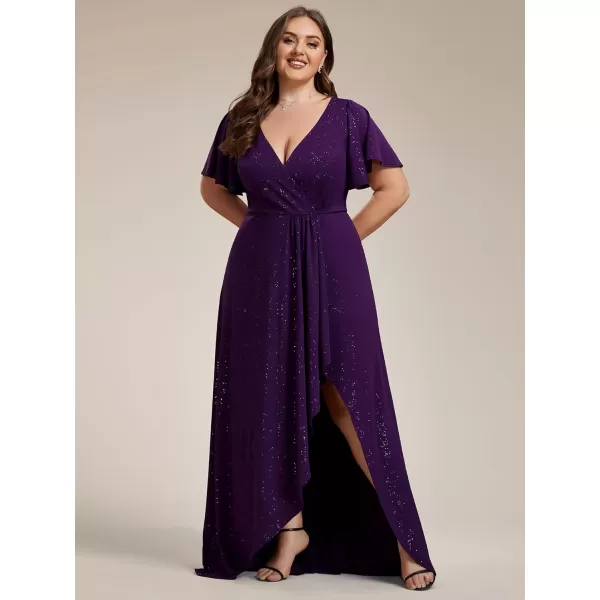 EverPretty Womens Glitter Aline High Low Ruffles Plus Size Formal Dresses with Sleeves 1738DAPHDark Purple