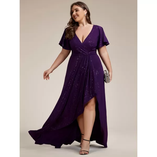 EverPretty Womens Glitter Aline High Low Ruffles Plus Size Formal Dresses with Sleeves 1738DAPHDark Purple