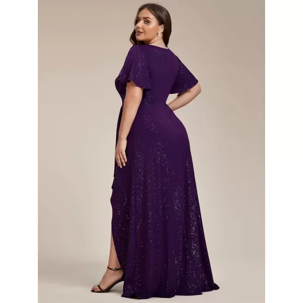 EverPretty Womens Glitter Aline High Low Ruffles Plus Size Formal Dresses with Sleeves 1738DAPHDark Purple