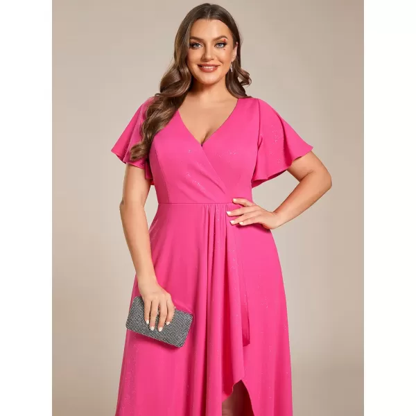 EverPretty Womens Glitter Aline High Low Ruffles Plus Size Formal Dresses with Sleeves 1738DAPHHot Pink