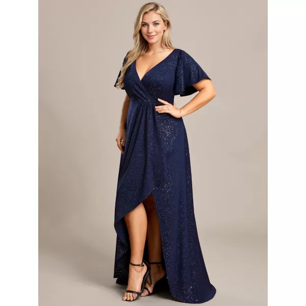 EverPretty Womens Glitter Aline High Low Ruffles Plus Size Formal Dresses with Sleeves 1738DAPHNavy Blue