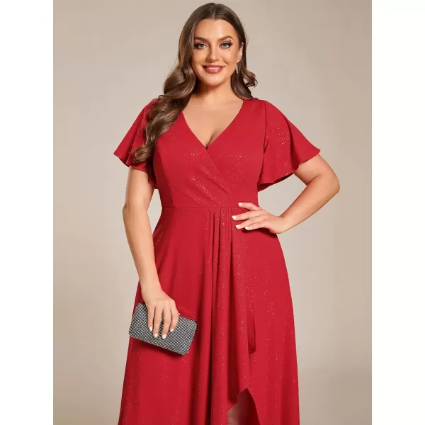 EverPretty Womens Glitter Aline High Low Ruffles Plus Size Formal Dresses with Sleeves 1738DAPHRed