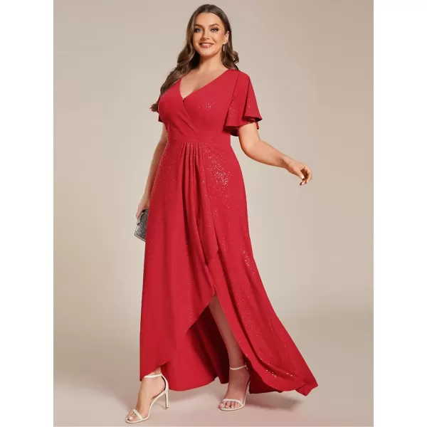 EverPretty Womens Glitter Aline High Low Ruffles Plus Size Formal Dresses with Sleeves 1738DAPHRed