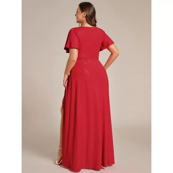 EverPretty Womens Glitter Aline High Low Ruffles Plus Size Formal Dresses with Sleeves 1738DAPHRed