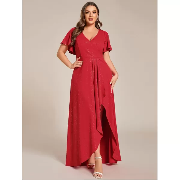 EverPretty Womens Glitter Aline High Low Ruffles Plus Size Formal Dresses with Sleeves 1738DAPHRed