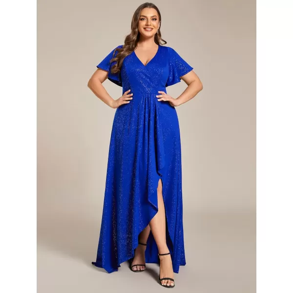 EverPretty Womens Glitter Aline High Low Ruffles Plus Size Formal Dresses with Sleeves 1738DAPHSapphire Blue