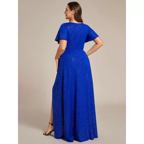 EverPretty Womens Glitter Aline High Low Ruffles Plus Size Formal Dresses with Sleeves 1738DAPHSapphire Blue