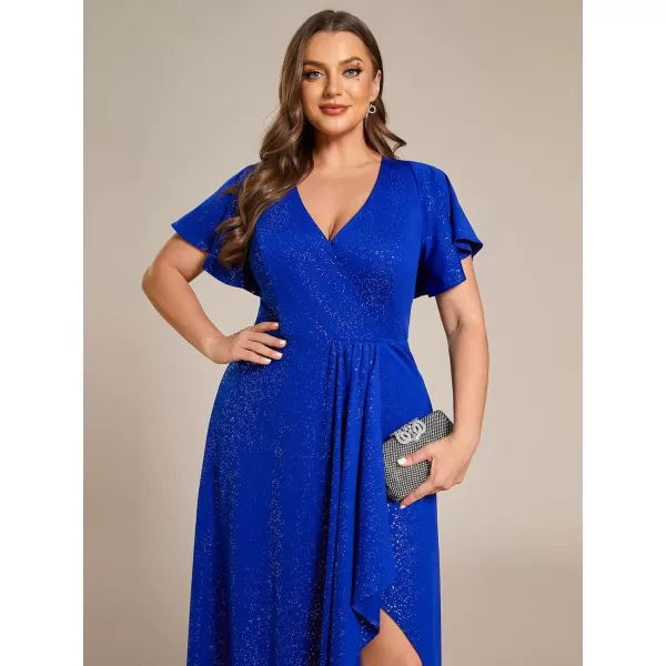 EverPretty Womens Glitter Aline High Low Ruffles Plus Size Formal Dresses with Sleeves 1738DAPHSapphire Blue