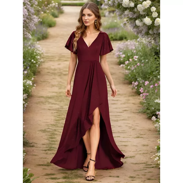 EverPretty Womens Glitter High Low Ruffled Hem VNeck Formal Dress with Sleeves 01738Burgundy