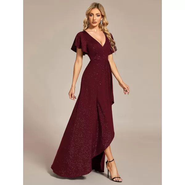 EverPretty Womens Glitter High Low Ruffled Hem VNeck Formal Dress with Sleeves 01738Burgundy