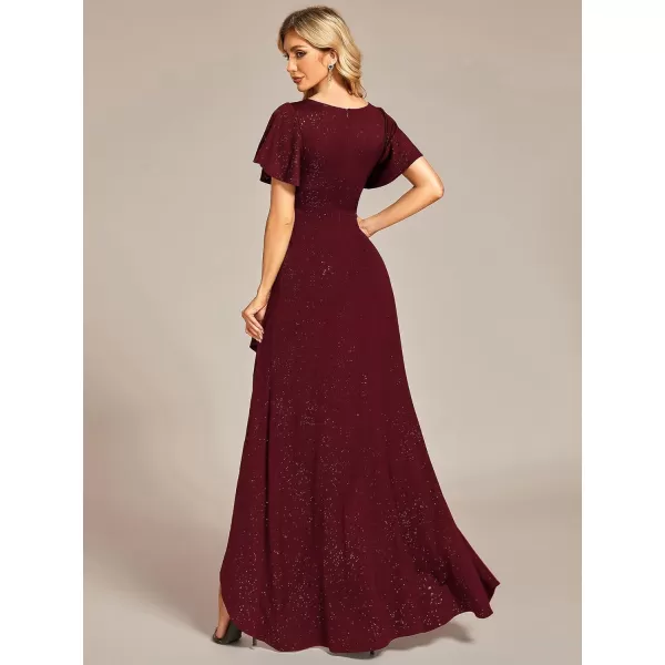 EverPretty Womens Glitter High Low Ruffled Hem VNeck Formal Dress with Sleeves 01738Burgundy