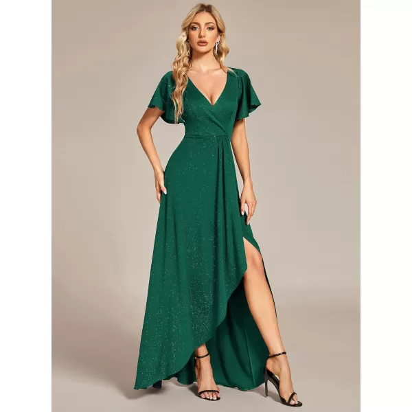 EverPretty Womens Glitter High Low Ruffled Hem VNeck Formal Dress with Sleeves 01738Dark Green