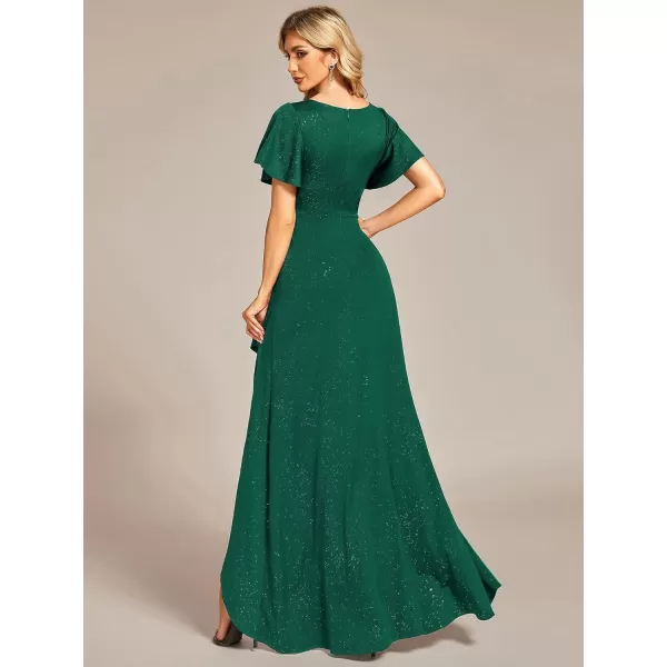 EverPretty Womens Glitter High Low Ruffled Hem VNeck Formal Dress with Sleeves 01738Dark Green