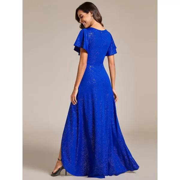 EverPretty Womens Glitter High Low Ruffled Hem VNeck Formal Dress with Sleeves 01738Sapphire Blue