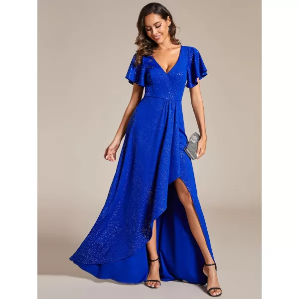 EverPretty Womens Glitter High Low Ruffled Hem VNeck Formal Dress with Sleeves 01738Sapphire Blue