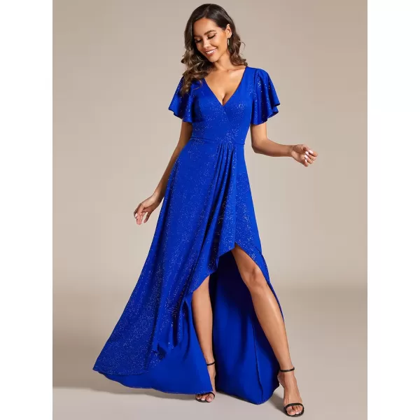 EverPretty Womens Glitter High Low Ruffled Hem VNeck Formal Dress with Sleeves 01738Sapphire Blue