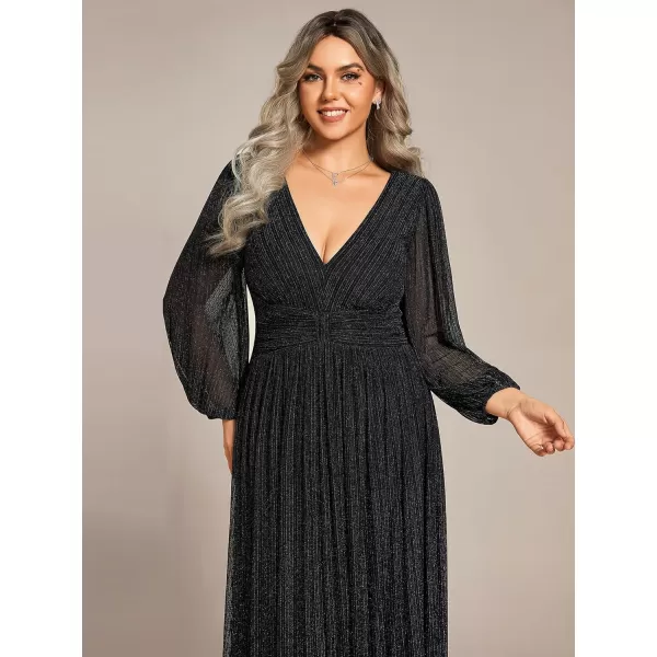 EverPretty Womens Glitter Long Sleeves Pleated Floor Length Evening Formal Dresses Plus Size 01961DABlack