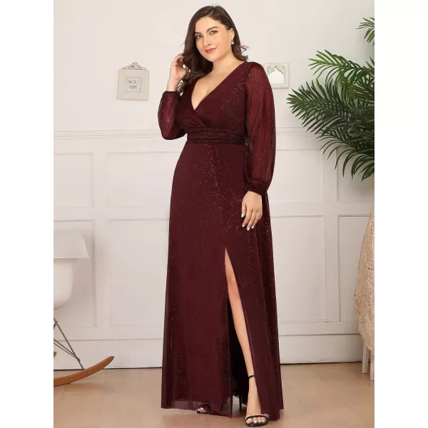 EverPretty Womens Glitter Plus Size A Line High Slit VNeck Evening Dress 0739PZBurgundy