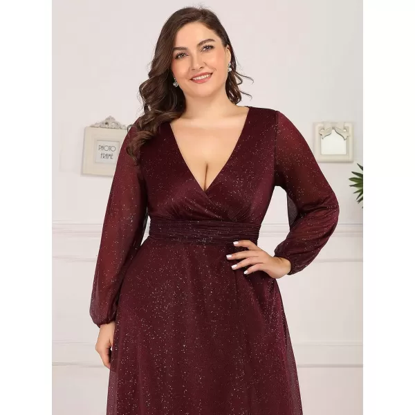 EverPretty Womens Glitter Plus Size A Line High Slit VNeck Evening Dress 0739PZBurgundy