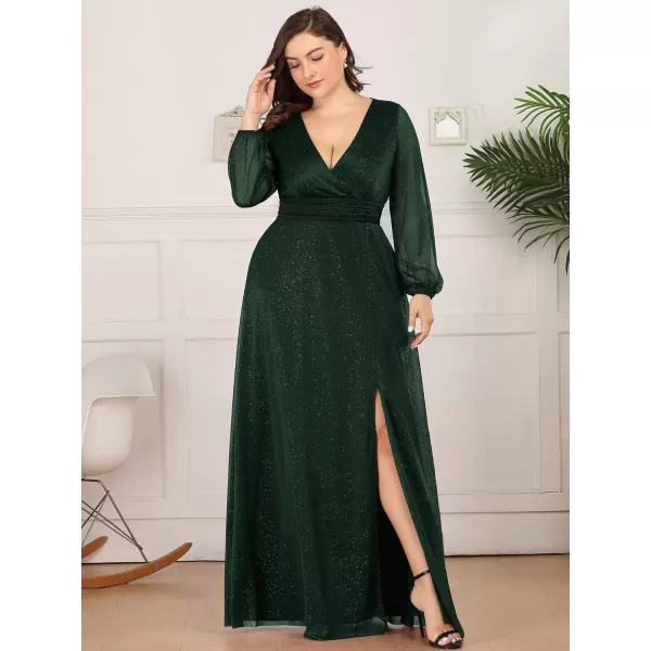 EverPretty Womens Glitter Plus Size A Line High Slit VNeck Evening Dress 0739PZDark Greenb