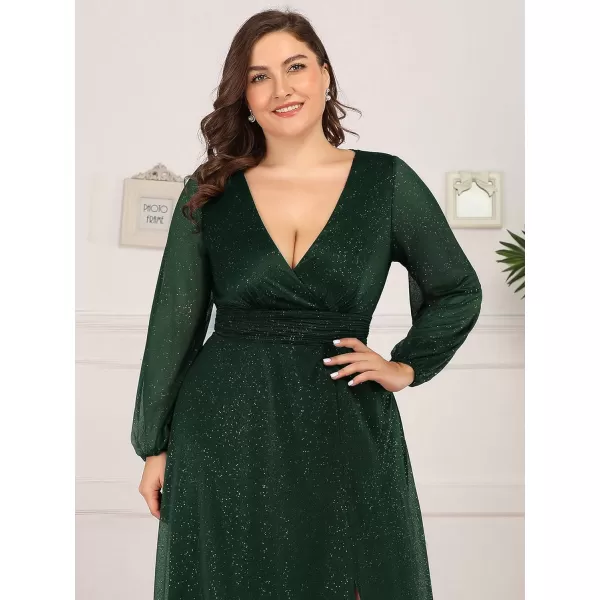 EverPretty Womens Glitter Plus Size A Line High Slit VNeck Evening Dress 0739PZDark Greenb