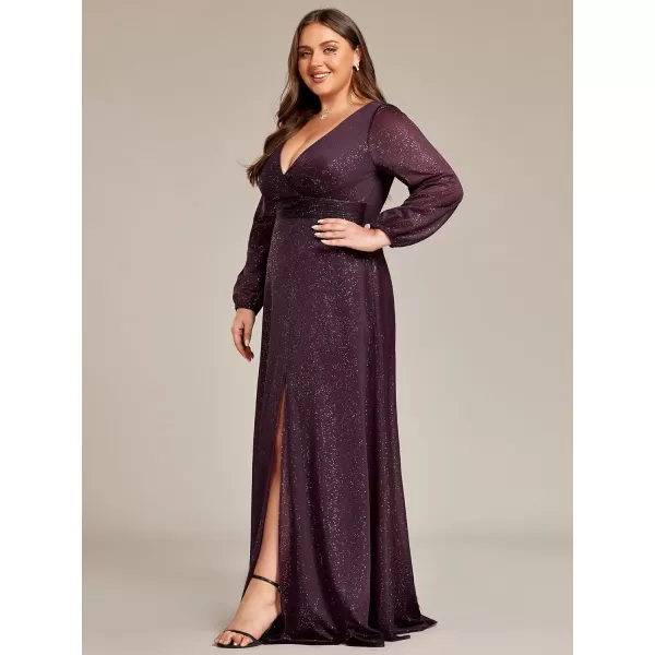 EverPretty Womens Glitter Plus Size A Line High Slit VNeck Evening Dress 0739PZDeep Purple