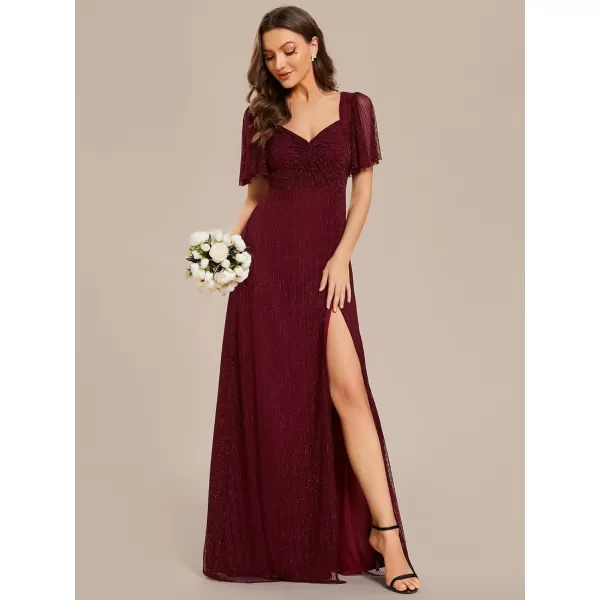 EverPretty Womens Glitter Short Sleeves Sweetheart Split Maxi Evening Dress 02004Burgundy