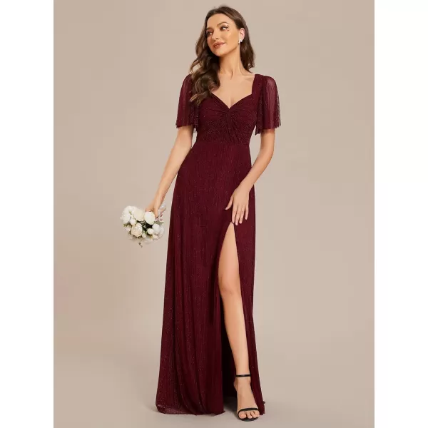 EverPretty Womens Glitter Short Sleeves Sweetheart Split Maxi Evening Dress 02004Burgundy