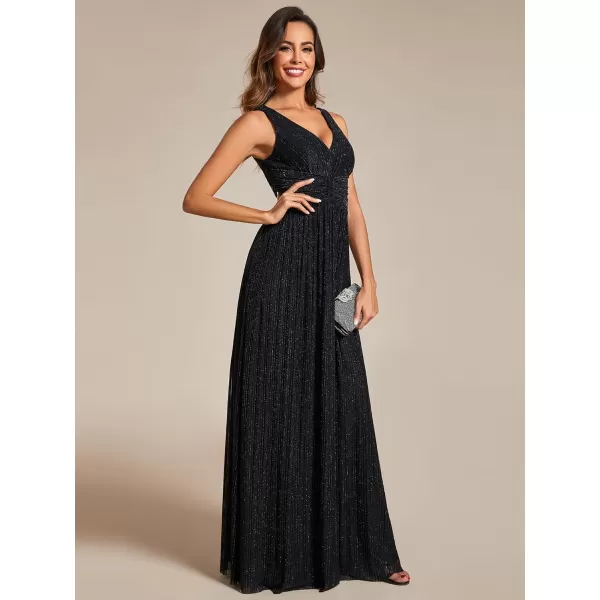 EverPretty Womens Glitter Sleeveless V Neck ALine Pleated Waist Evening Gowns 02133Black
