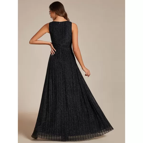 EverPretty Womens Glitter Sleeveless V Neck ALine Pleated Waist Evening Gowns 02133Black