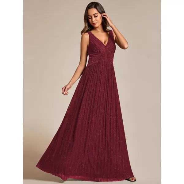 EverPretty Womens Glitter Sleeveless V Neck ALine Pleated Waist Evening Gowns 02133Burgundy
