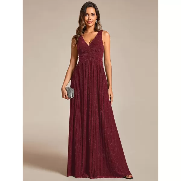 EverPretty Womens Glitter Sleeveless V Neck ALine Pleated Waist Evening Gowns 02133Burgundy