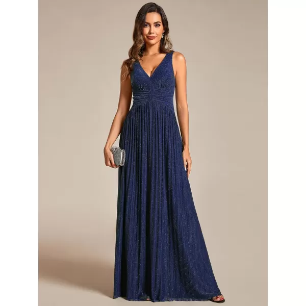 EverPretty Womens Glitter Sleeveless V Neck ALine Pleated Waist Evening Gowns 02133Navy Blue