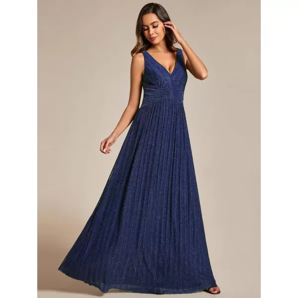 EverPretty Womens Glitter Sleeveless V Neck ALine Pleated Waist Evening Gowns 02133Navy Blue