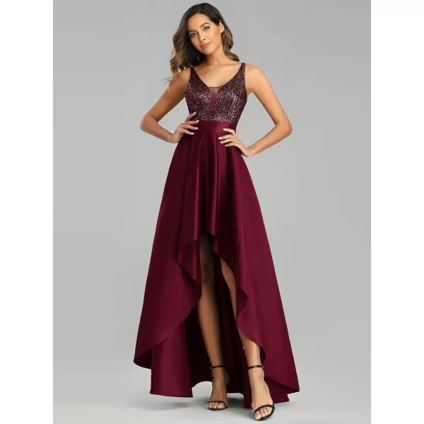 EverPretty Womens Glitter VNeck Aline HighLow Satin Prom Dress Wedding Guest Dresses for Women 00667Burgundy