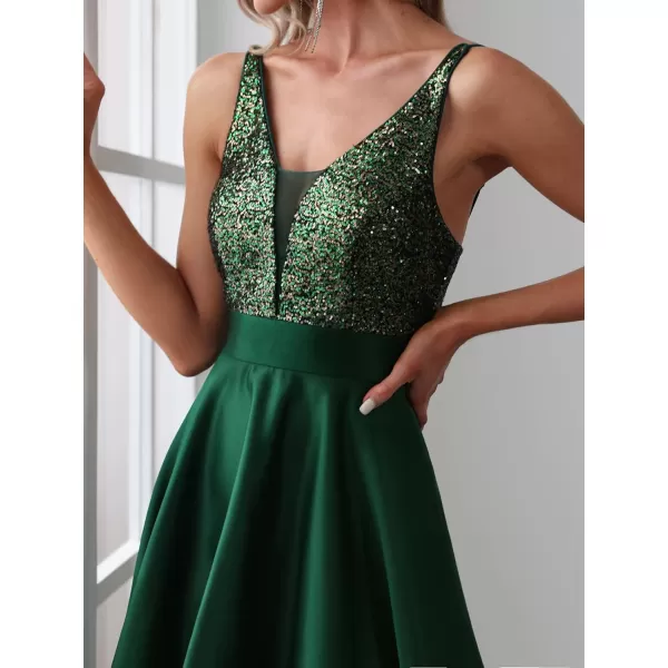 EverPretty Womens Glitter VNeck Aline HighLow Satin Prom Dress Wedding Guest Dresses for Women 00667Dark Green