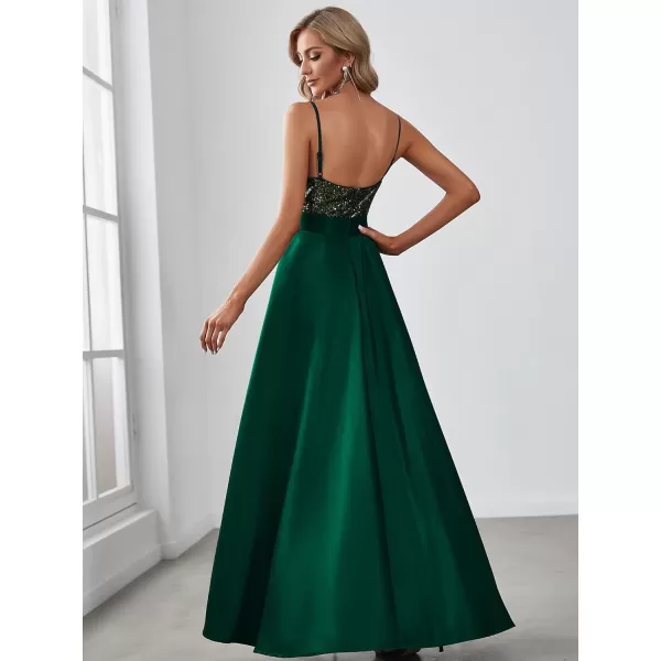 EverPretty Womens Glitter VNeck Aline HighLow Satin Prom Dress Wedding Guest Dresses for Women 00667Dark Green