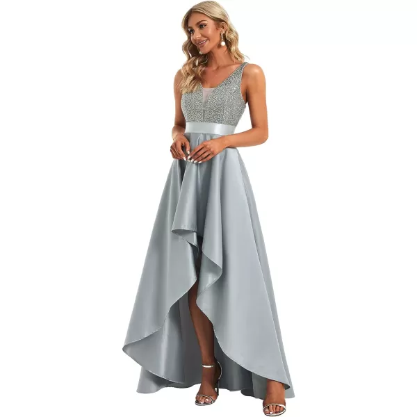 EverPretty Womens Glitter VNeck Aline HighLow Satin Prom Dress Wedding Guest Dresses for Women 00667Grey