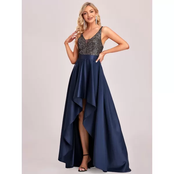 EverPretty Womens Glitter VNeck Aline HighLow Satin Prom Dress Wedding Guest Dresses for Women 00667Navy Blue