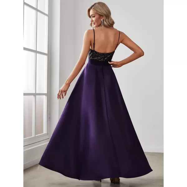 EverPretty Womens Glitter VNeck Aline HighLow Satin Prom Dress Wedding Guest Dresses for Women 00667Purple