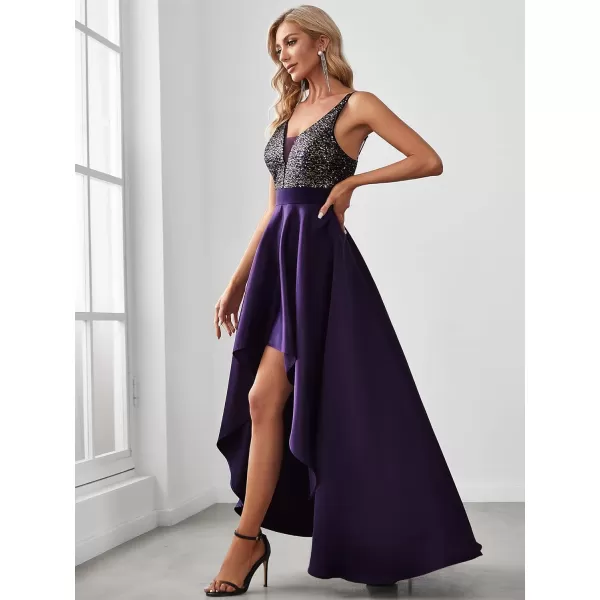 EverPretty Womens Glitter VNeck Aline HighLow Satin Prom Dress Wedding Guest Dresses for Women 00667Purple