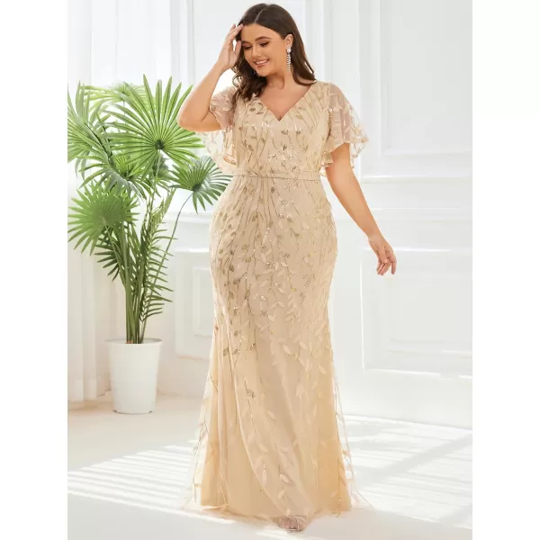 EverPretty Womens Gorgeous VNeck Sparkly Embroidery Plus Size Sequin Evening Dress 0692PZUSAGold