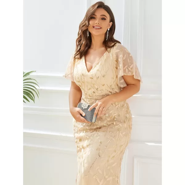 EverPretty Womens Gorgeous VNeck Sparkly Embroidery Plus Size Sequin Evening Dress 0692PZUSAGold