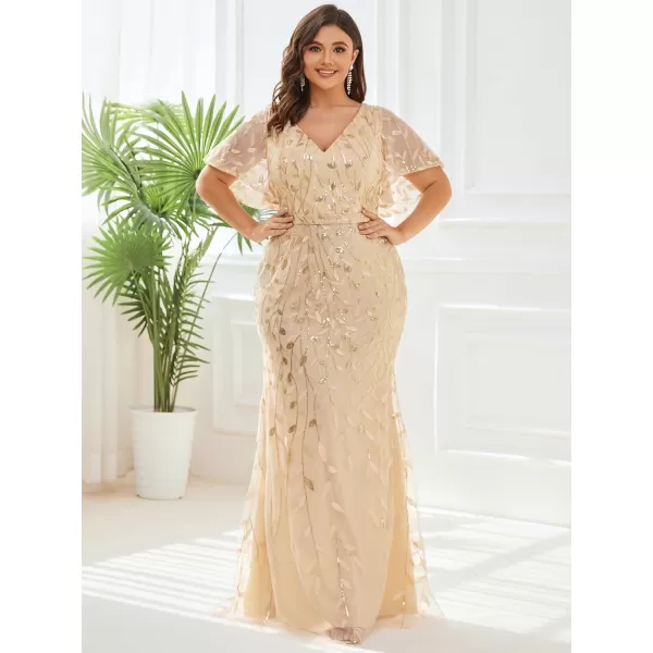EverPretty Womens Gorgeous VNeck Sparkly Embroidery Plus Size Sequin Evening Dress 0692PZUSAGold